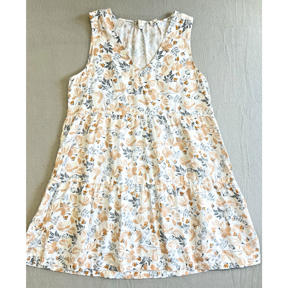 Joie Size Large 100% Linen Floral Sleeveless V Neck Babydoll Dress Botanical